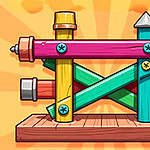 Unscrew Them All Struttura di blocchi di legno colorati in stile cartone animato su uno sfondo arancione