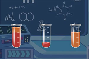 Tre provette con liquidi di vari colori su uno sfondo di laboratorio scientifico con disegni chimici sulla lavagna