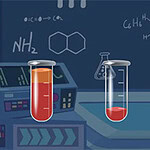 Water Sort Tre provette con liquidi di vari colori su uno sfondo di laboratorio scientifico con disegni chimici sulla lavagna