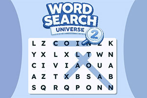 Logo Word Search Universe 2 sopra una griglia di lettere con lente d’ingrandimento su sfondo azzurro
