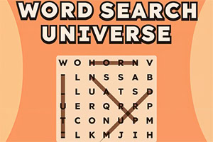 Logo Word Search Universe su sfondo arancione con griglia di parole crociate e linee nere che collegano lettere