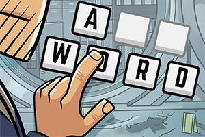 Mano che seleziona lettere per formare una parola in un gioco di enigmi stile fumetto