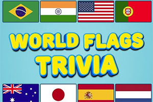Bandiere di vari paesi su sfondo azzurro con la scritta World Flags Trivia in giallo