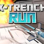 Videogioco X-Trench Run con astronave e esplosione di fuoco