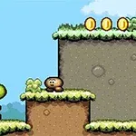 Yoshi e un Goomba in un livello di gioco a piattaforme con erba, terra e monete doro