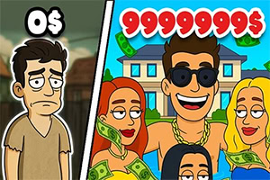 Illustrazione divisa tra un uomo triste con 0 dollari e un uomo ricco con occhiali da sole, soldi, villa e donne sorridenti