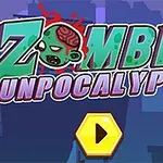 Logo del gioco Zombie Gunpocalypse con grafica pixelata e testa di zombie