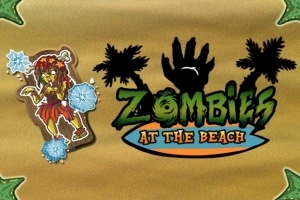 Logo del gioco Zombies at the Beach con un personaggio zombie femminile e palme stilizzate su sfondo sabbioso